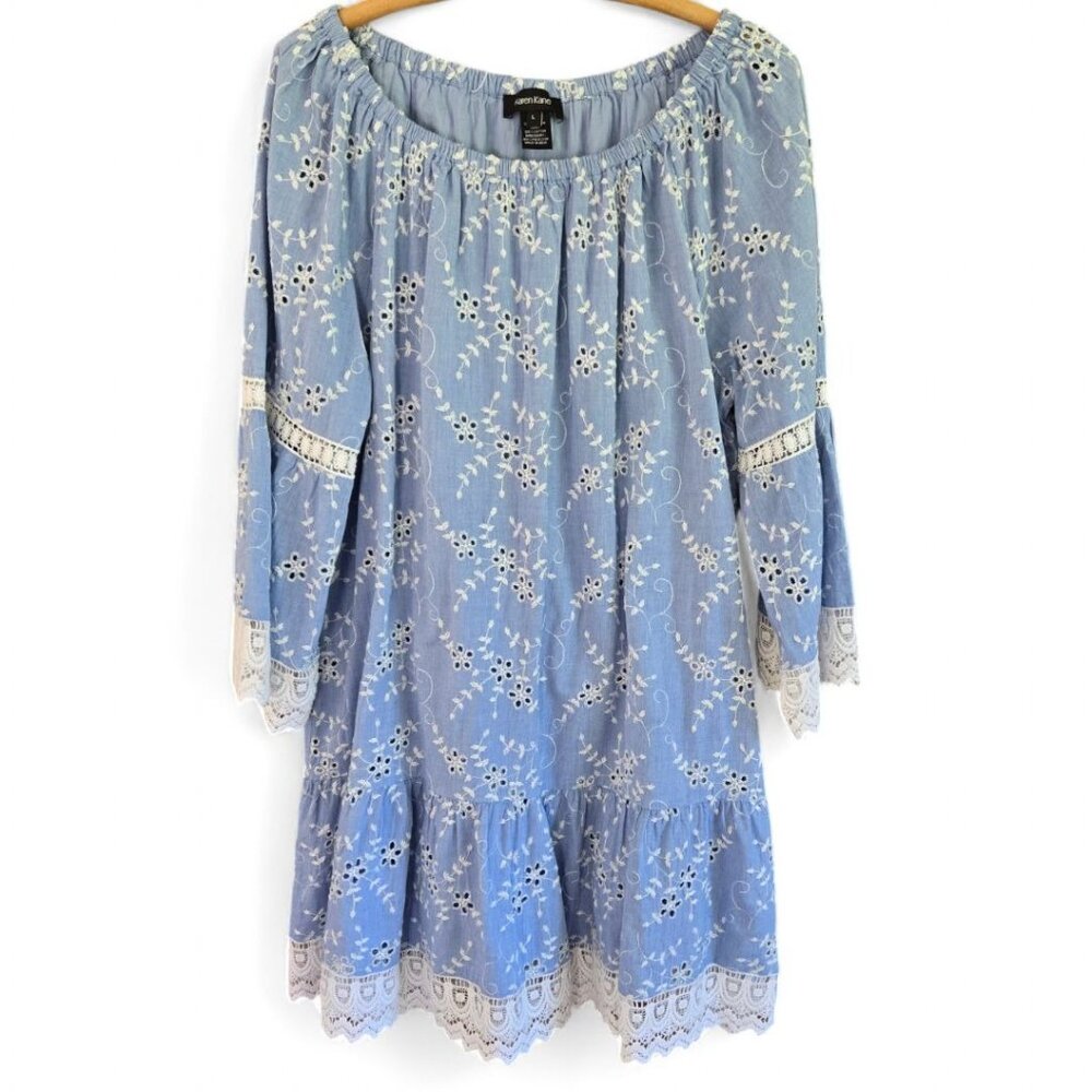 Karen Kane Eyelet Floral Off Shoulder Dress Blue White Lace Trim Large - Picture 2 of 8